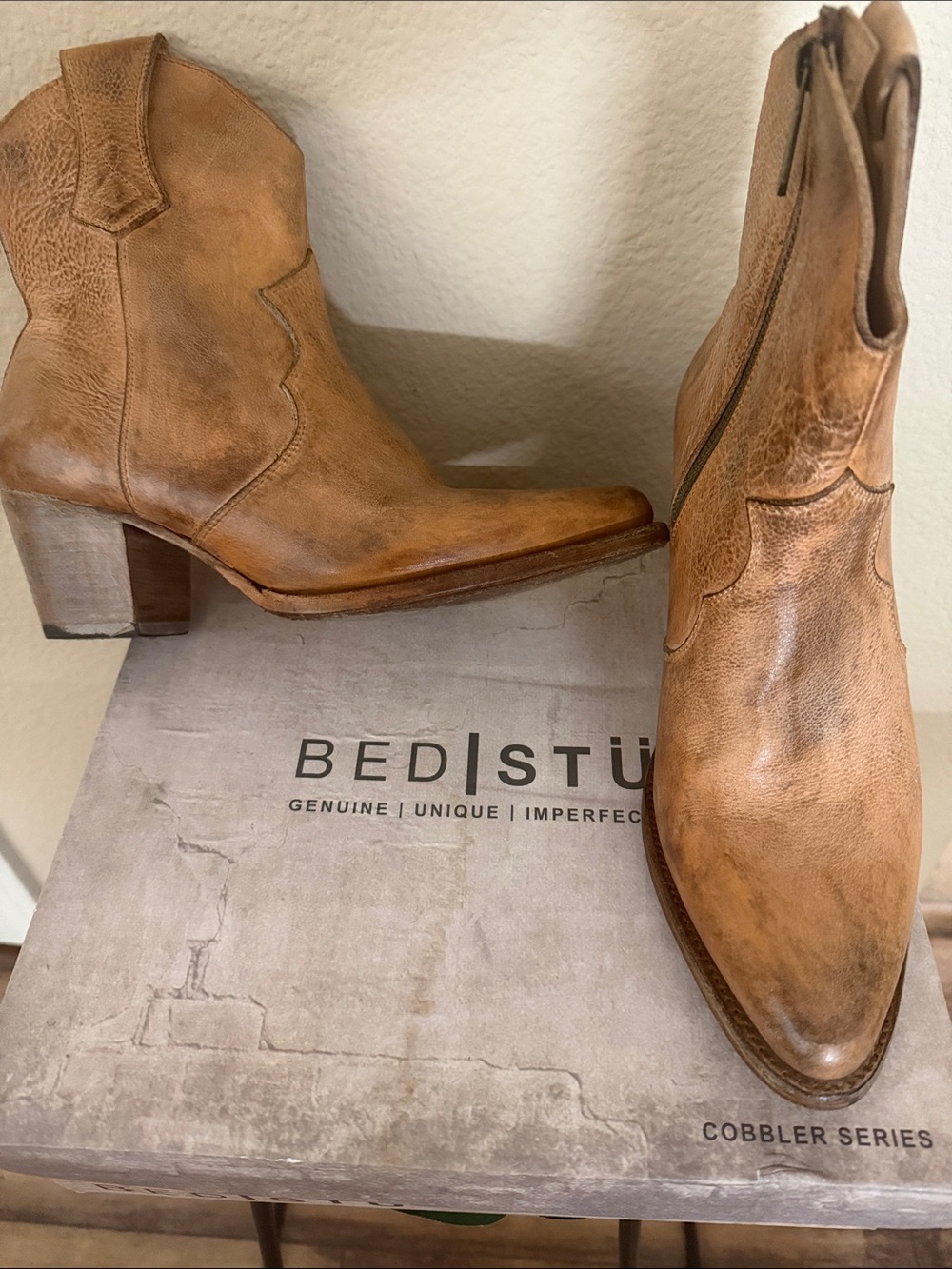 BED|STU Tan Leather Western Ankle Boots